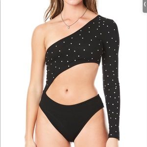 LF One Shoulder Black Rhinestone Bodysuit (never worn)